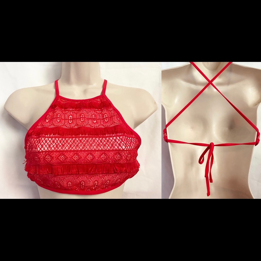 Red Lace Fringe Bikini Top